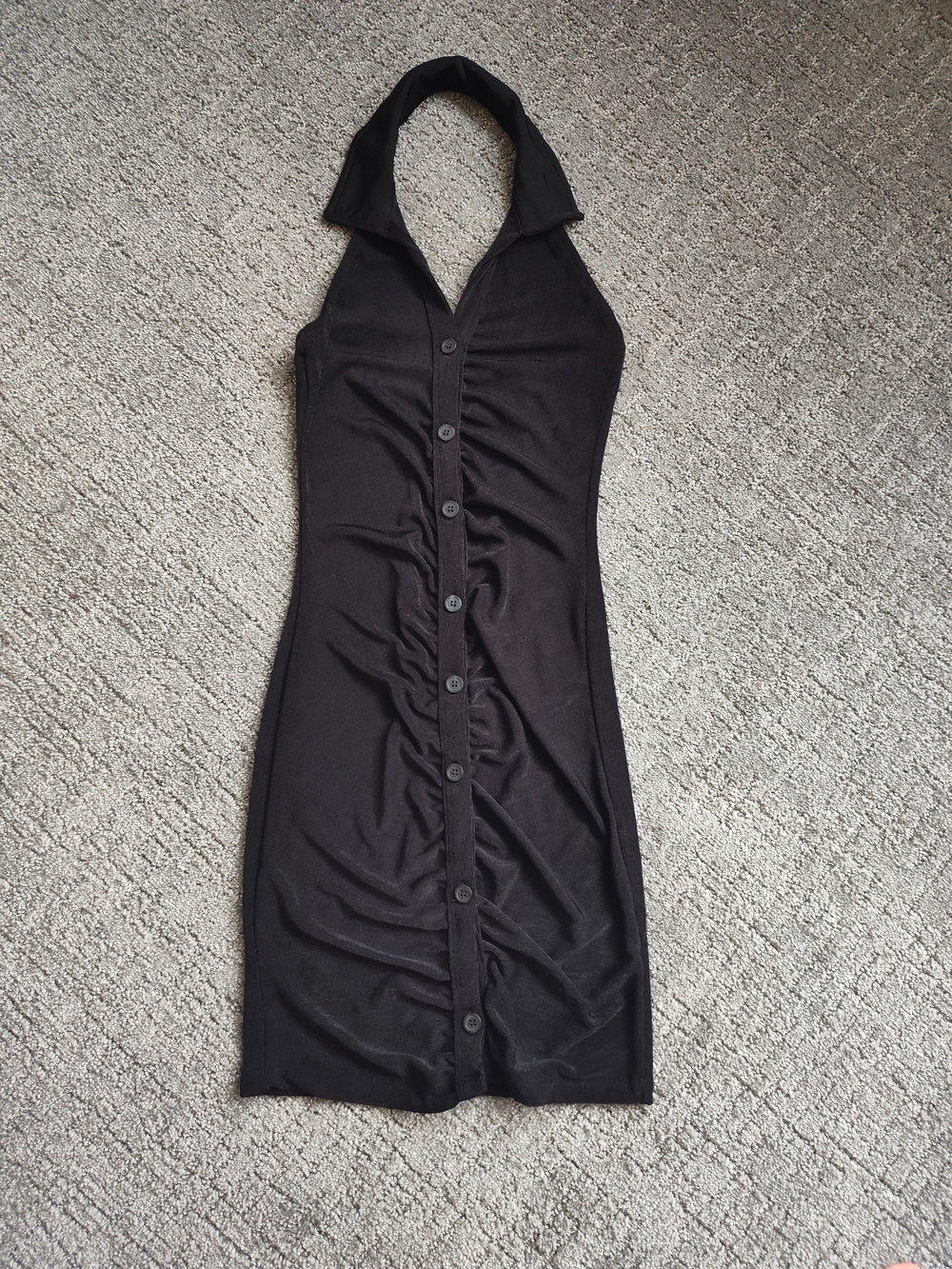 Black Halter Ruched Button Dress